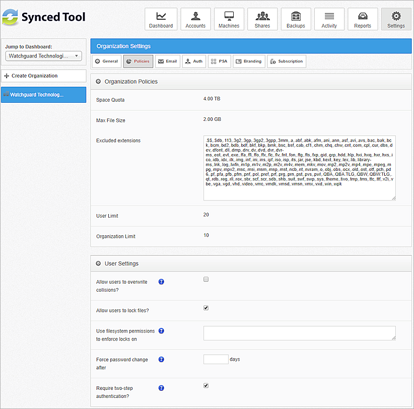 Screenshot of the Settings page.